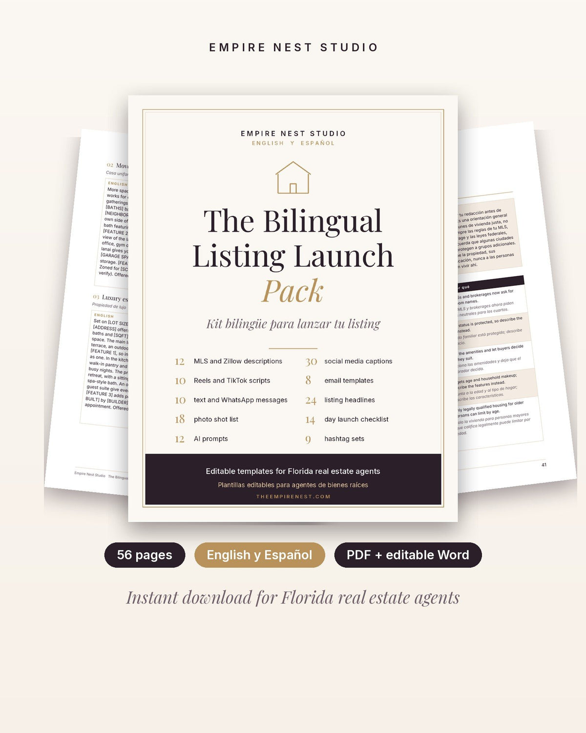 The Bilingual Listing Launch Pack cover, English and Spanish templates for realtors