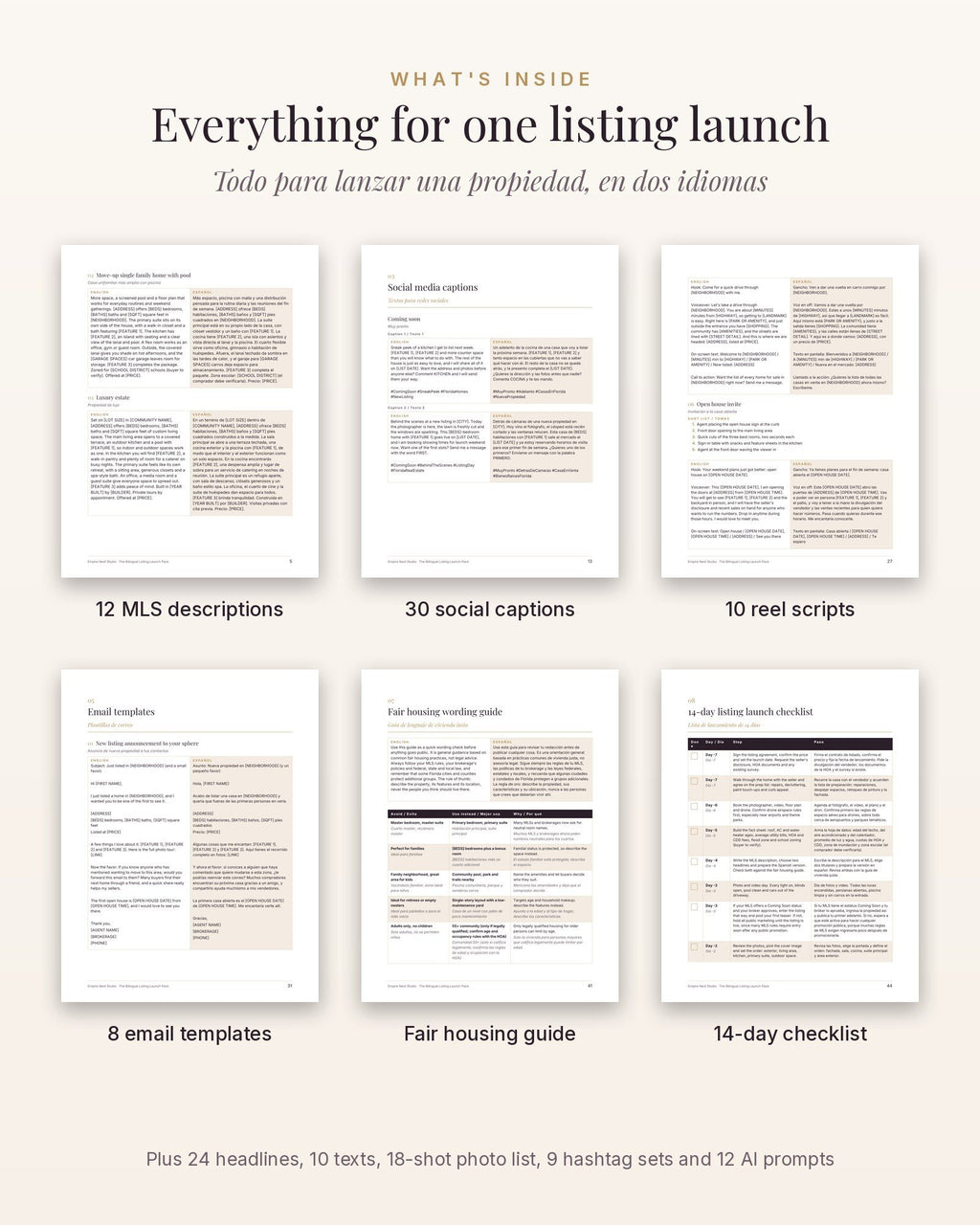 Pages inside the Bilingual Listing Launch Pack
