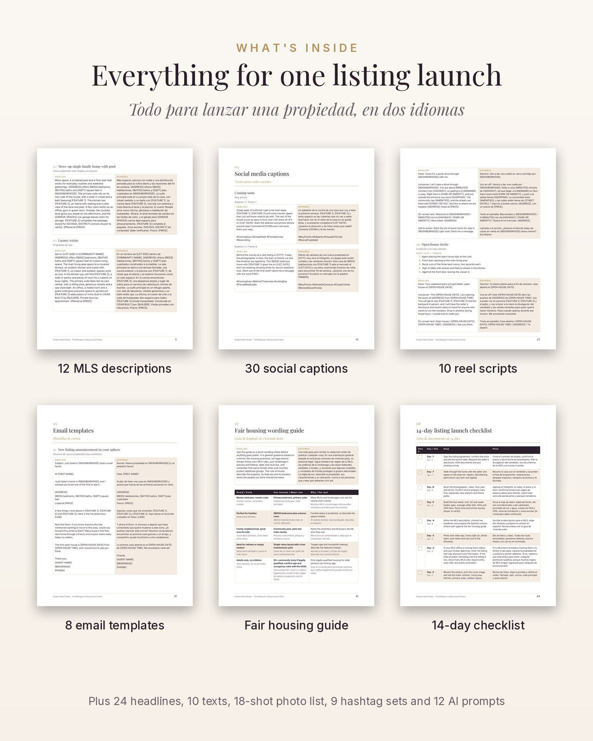 Pages inside the Bilingual Listing Launch Pack