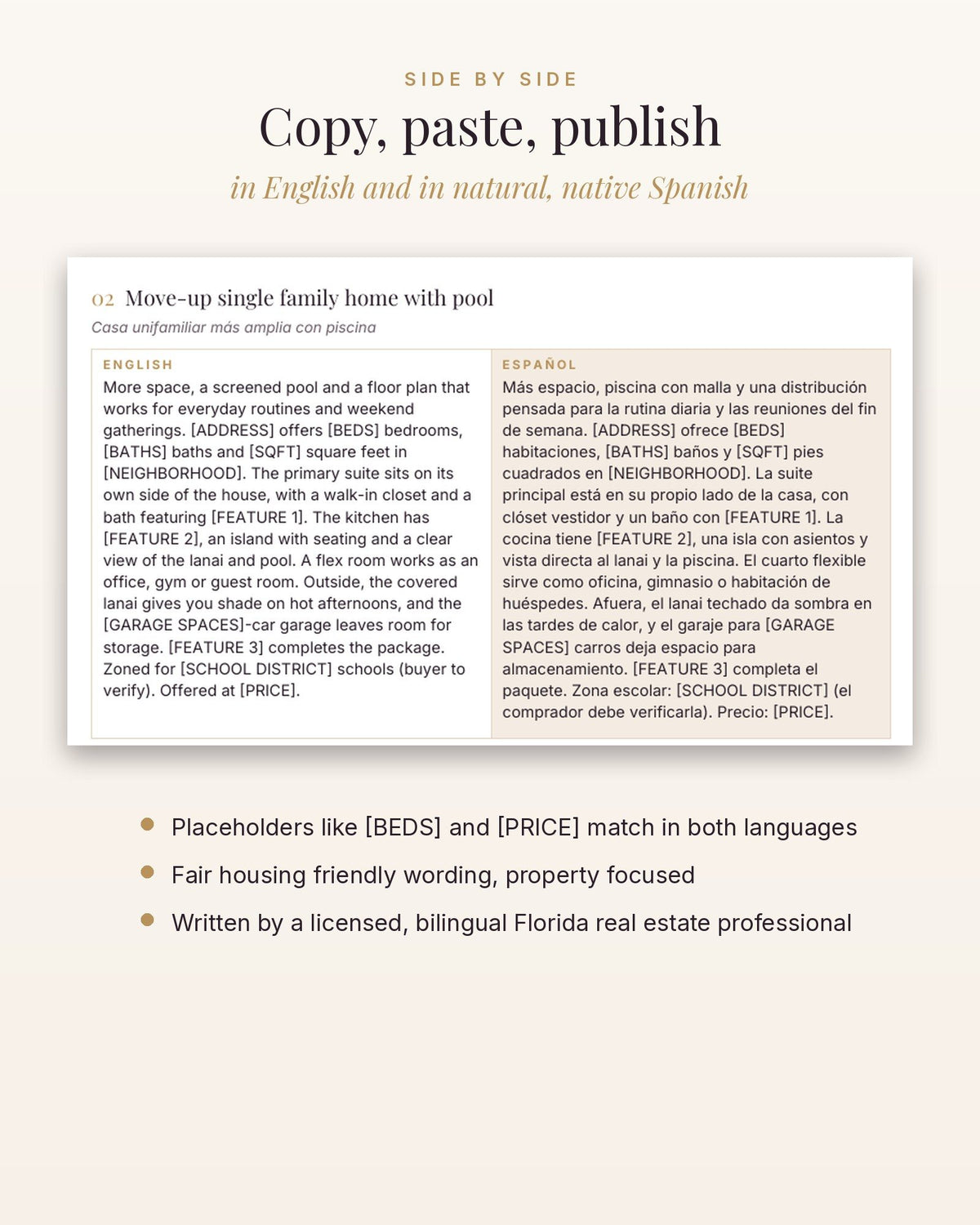 English and Spanish listing description shown side by side