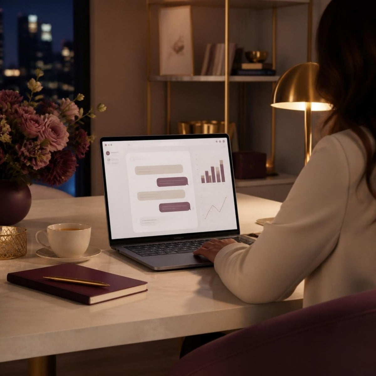 Business owner reviewing an AI chat assistant at her desk, AI Sales Assistant Care