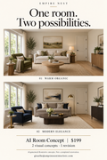 Empire Nest AI Room Concept: two illustrative decor concepts for the same fictional living room. $199, two visual concepts and one revision. AI-generated sample, not a completed renovation.