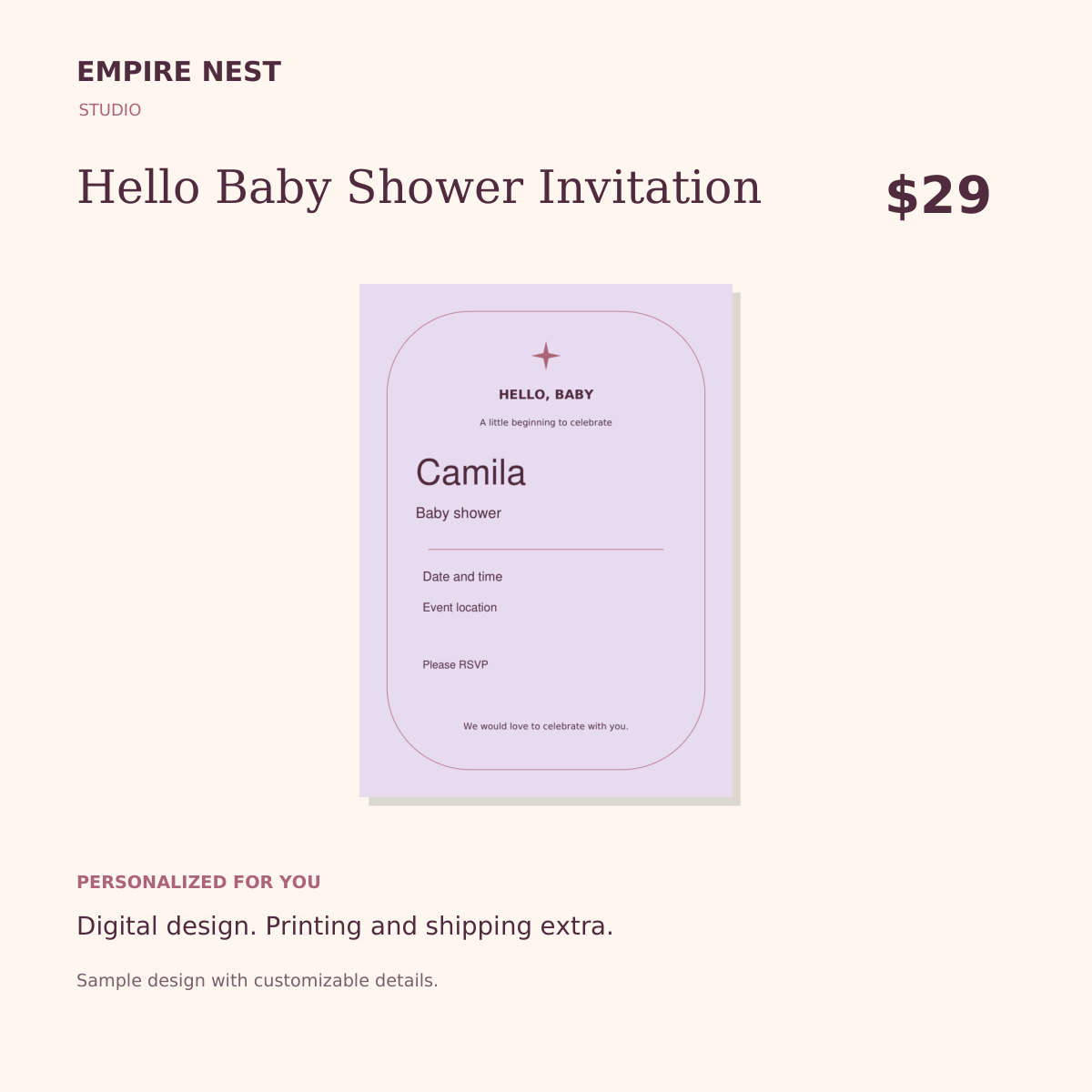 Hello Baby Shower Invitation: digital design example, printing not included.