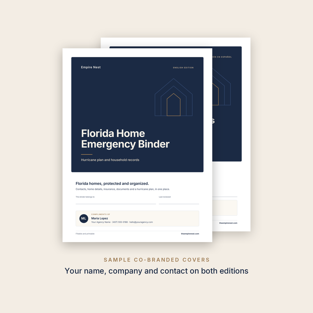 Sample co-branded covers of the Florida Home Emergency Binder in English and Spanish, with an agent name, company and contact