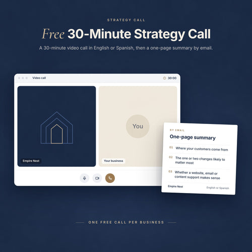 Free 30-Minute Strategy Call: a video call window with the Empire Nest mark and a 30:00 timer, beside a one-page summary sheet, on navy.