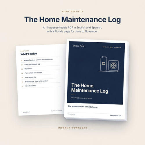 The Home Maintenance Log: a navy cover with a water heater and AC unit drawing beside its contents page, on a cream background.