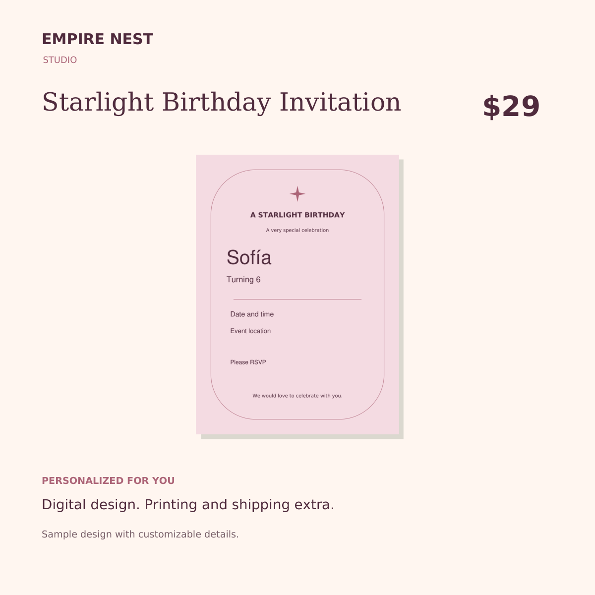 Starlight Birthday Invitation. Sample custom digital design. Printing and shipping are separate.