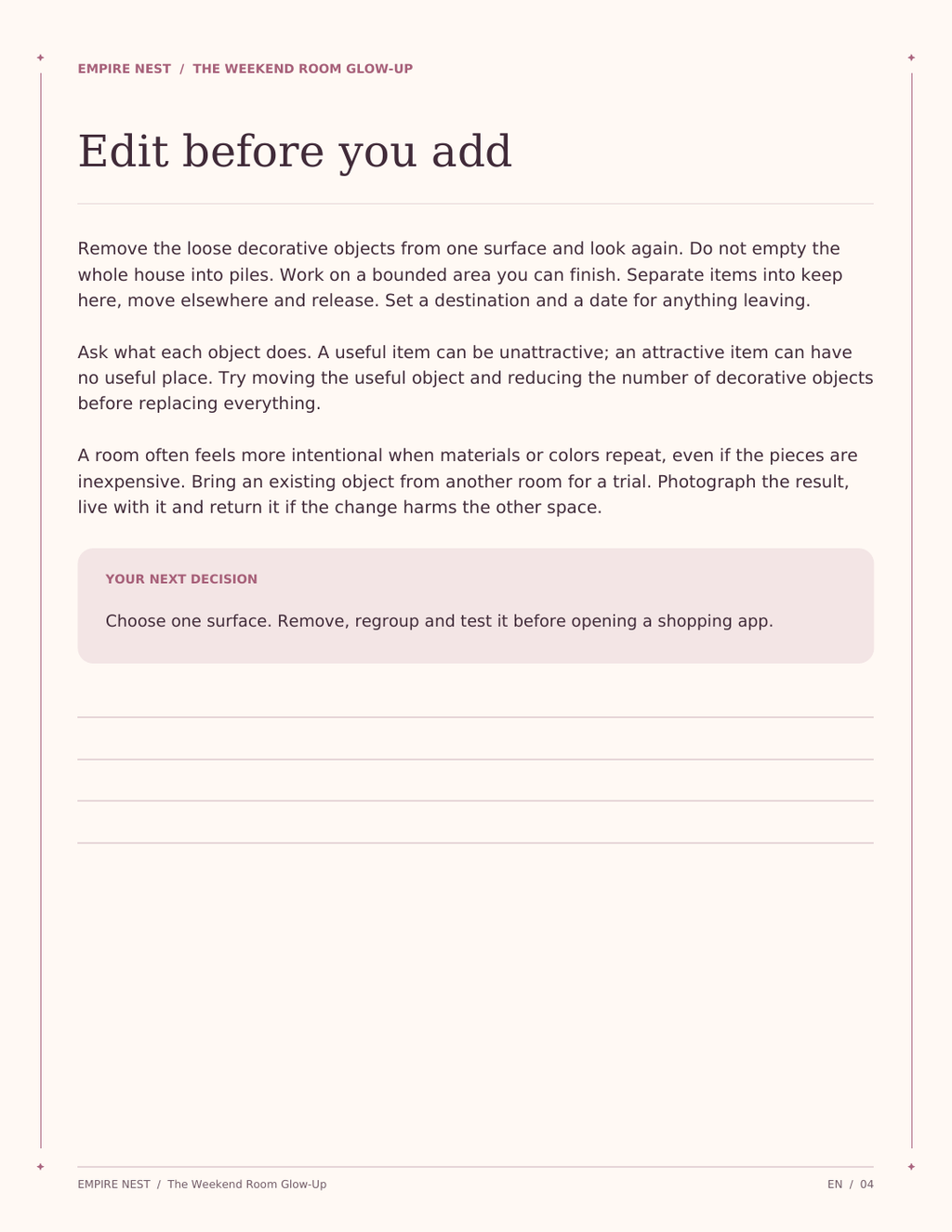 The Weekend Room Glow-Up: actual interior page from the printable PDF.