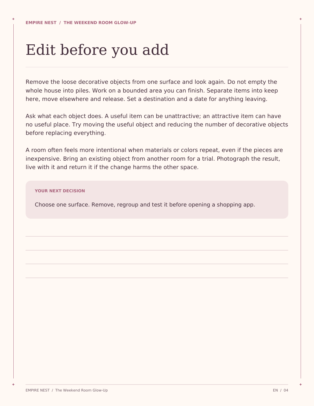 The Weekend Room Glow-Up: actual interior page from the printable PDF.