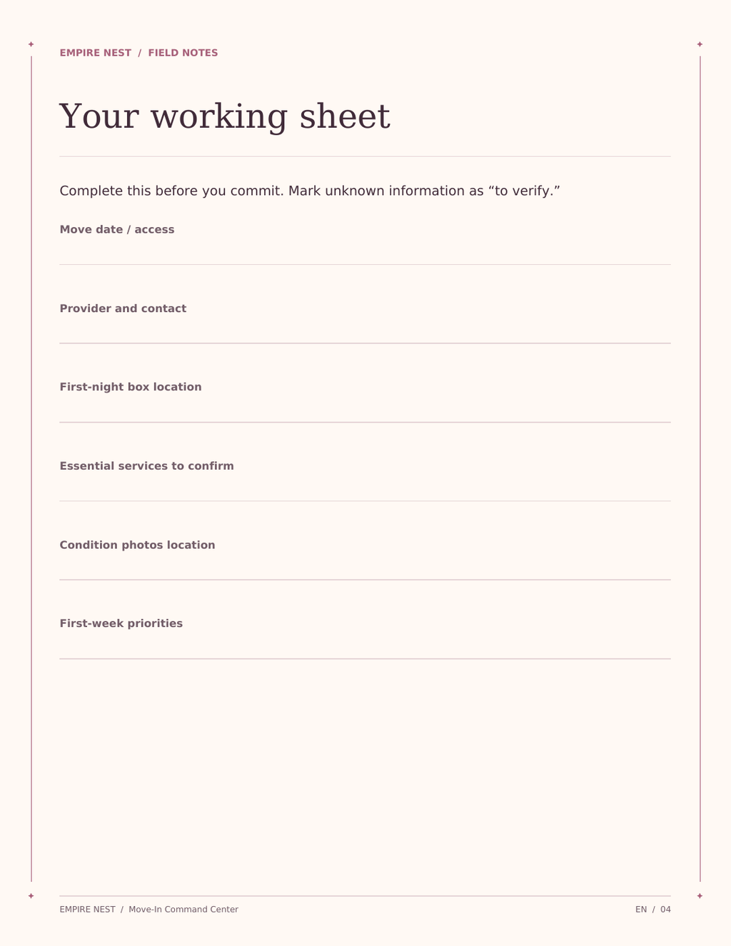 Move-In Command Center: actual interior page from the printable PDF.