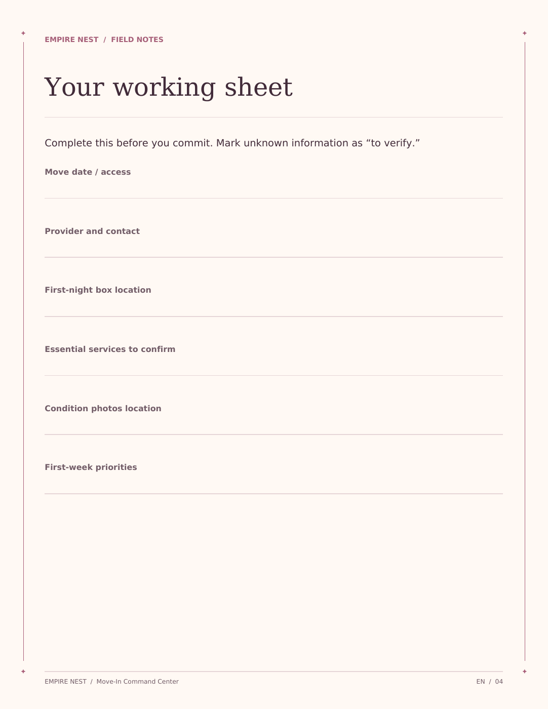 Move-In Command Center: actual interior page from the printable PDF.