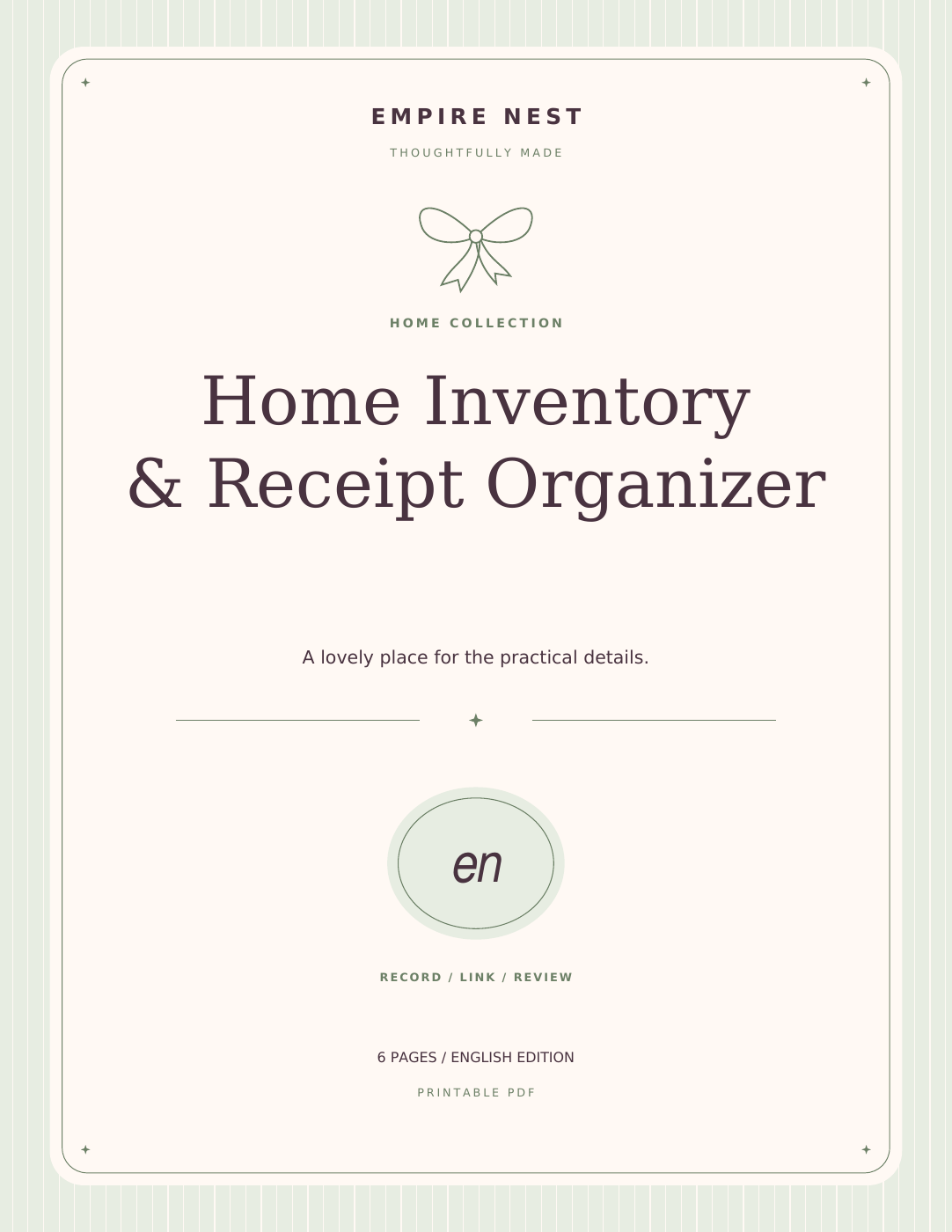 Home Inventory & Receipt Organizer: actual English PDF cover, pastel edition. Digital download; no physical shipment.