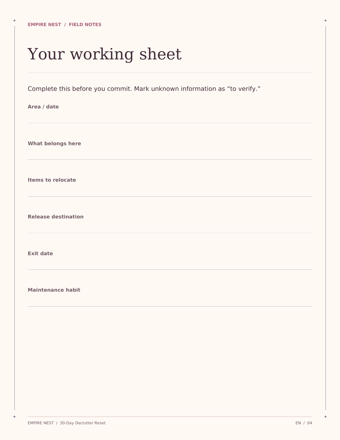 30-Day Declutter Reset: actual interior page from the printable PDF.