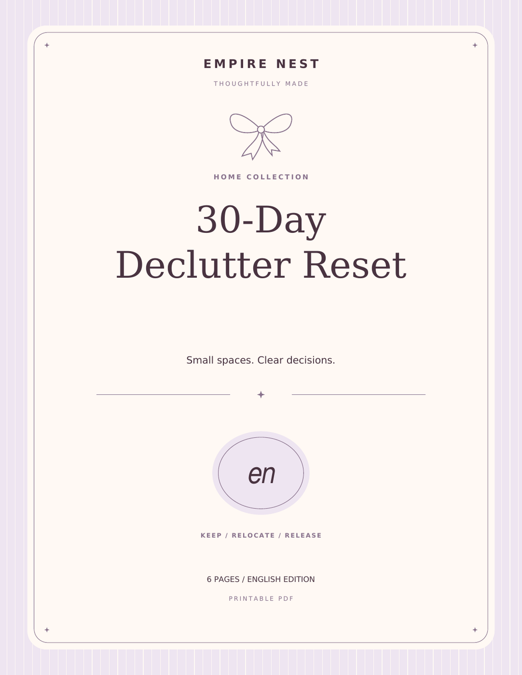 30-Day Declutter Reset: actual English PDF cover, pastel edition. Digital download; no physical shipment.