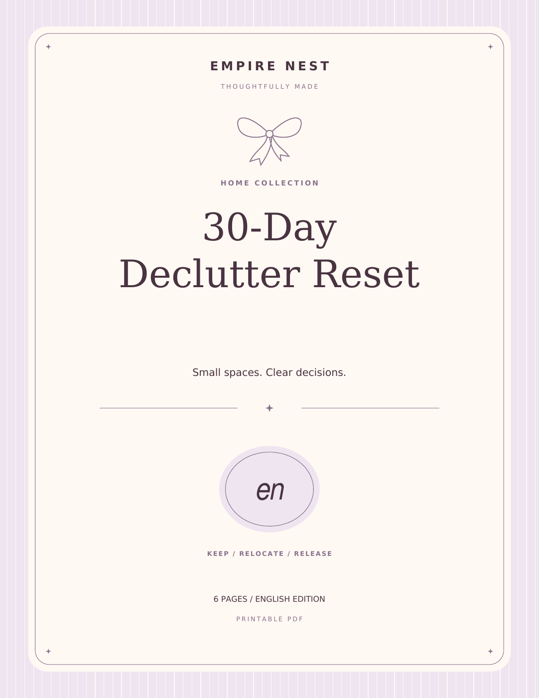30-Day Declutter Reset: actual English PDF cover, pastel edition. Digital download; no physical shipment.