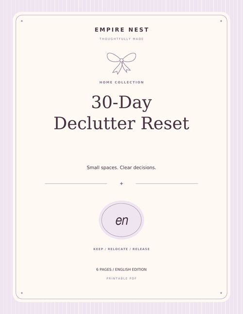 30-Day Declutter Reset: actual English PDF cover, pastel edition. Digital download; no physical shipment.