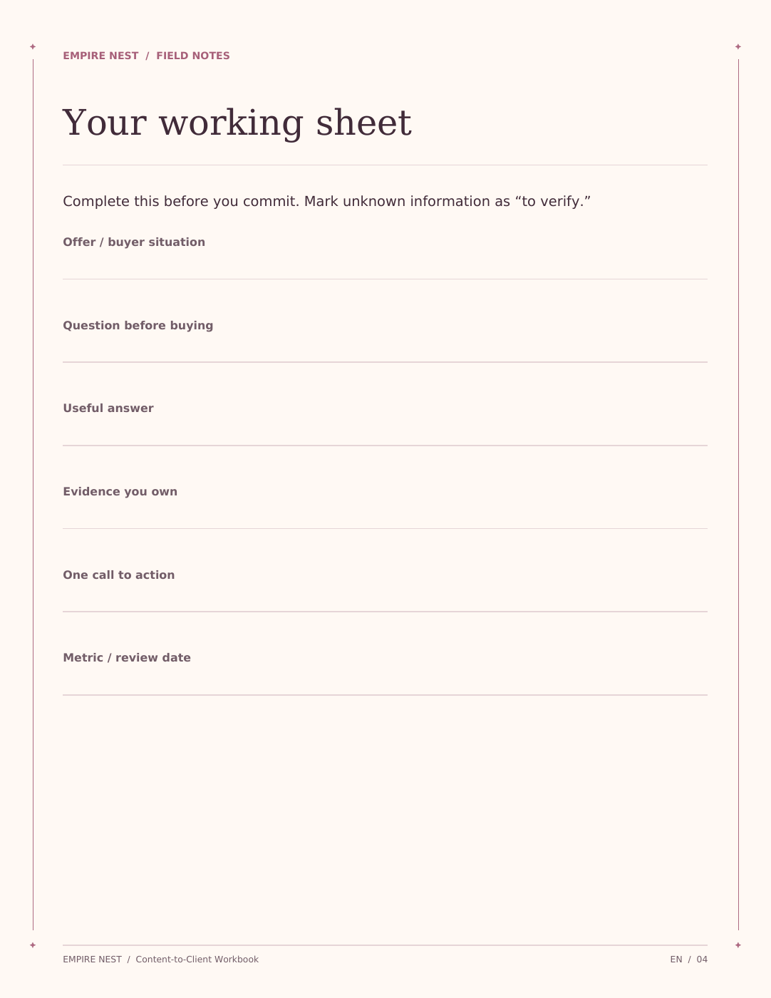 Content-to-Client Workbook: actual interior page from the printable PDF.