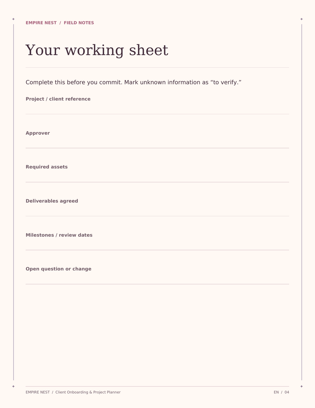 Client Onboarding & Project Planner: actual interior page from the printable PDF.