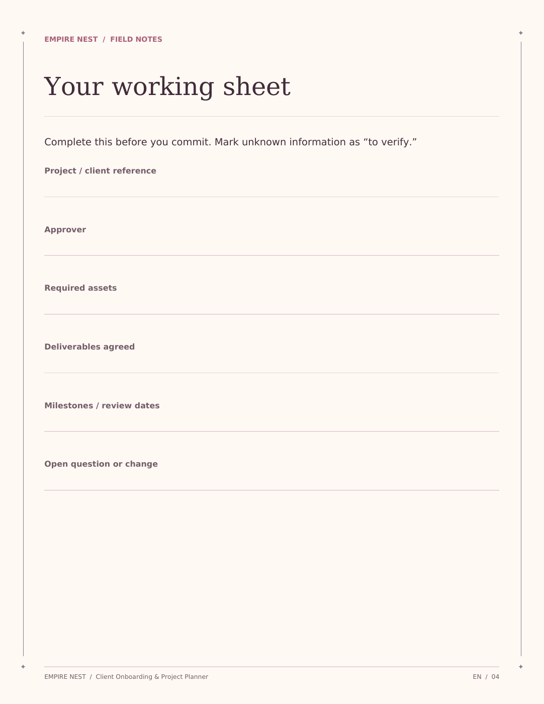 Client Onboarding & Project Planner: actual interior page from the printable PDF.