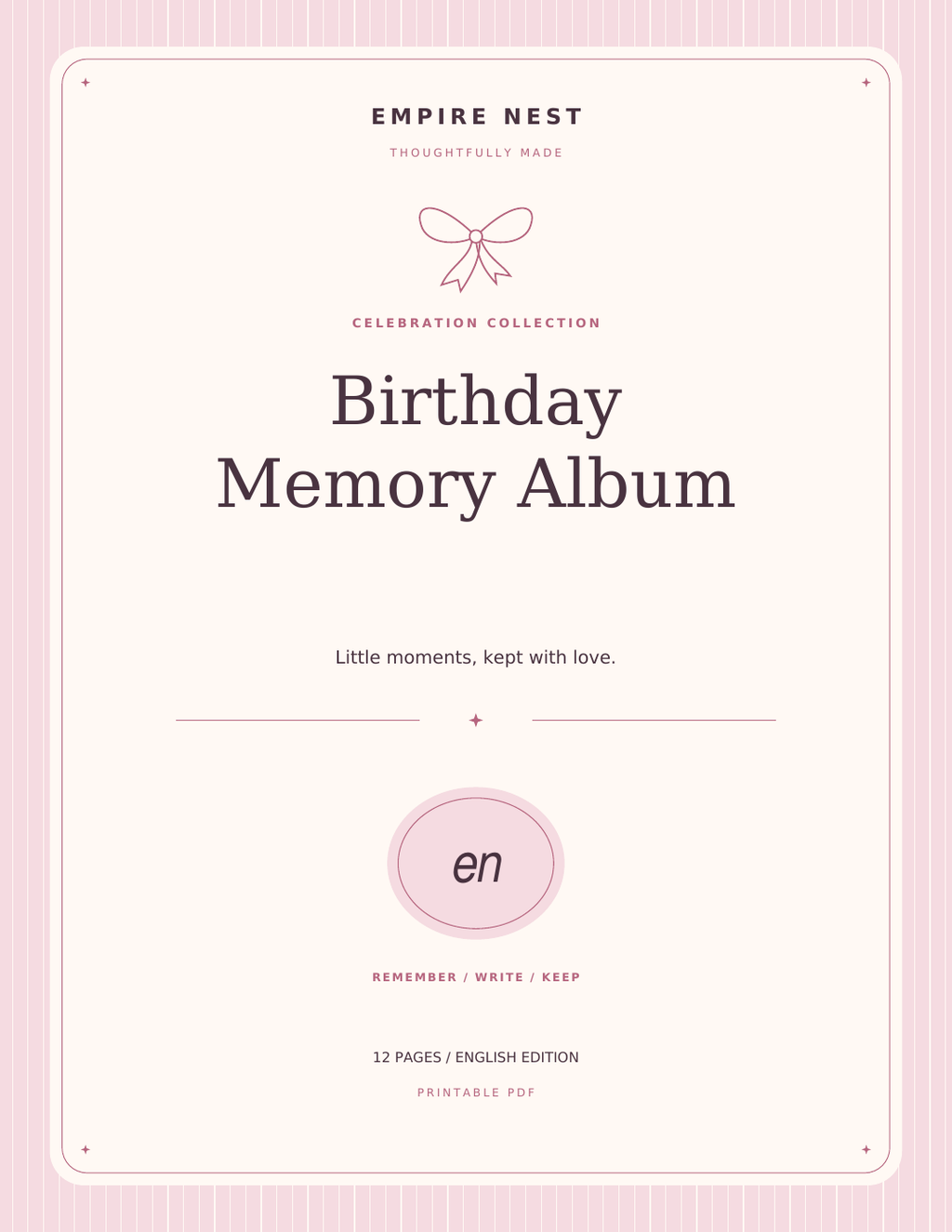 Birthday Memory Album: actual English PDF cover, pastel edition. Digital download; no physical shipment.