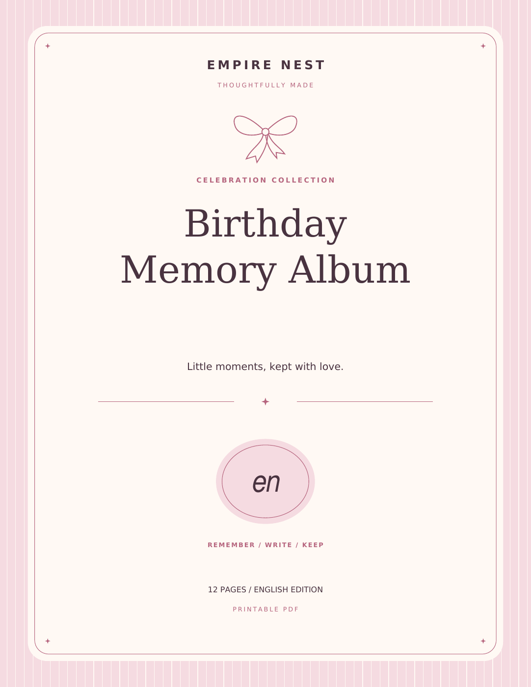 Birthday Memory Album: actual English PDF cover, pastel edition. Digital download; no physical shipment.