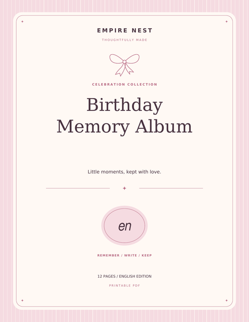 Birthday Memory Album: actual English PDF cover, pastel edition. Digital download; no physical shipment.