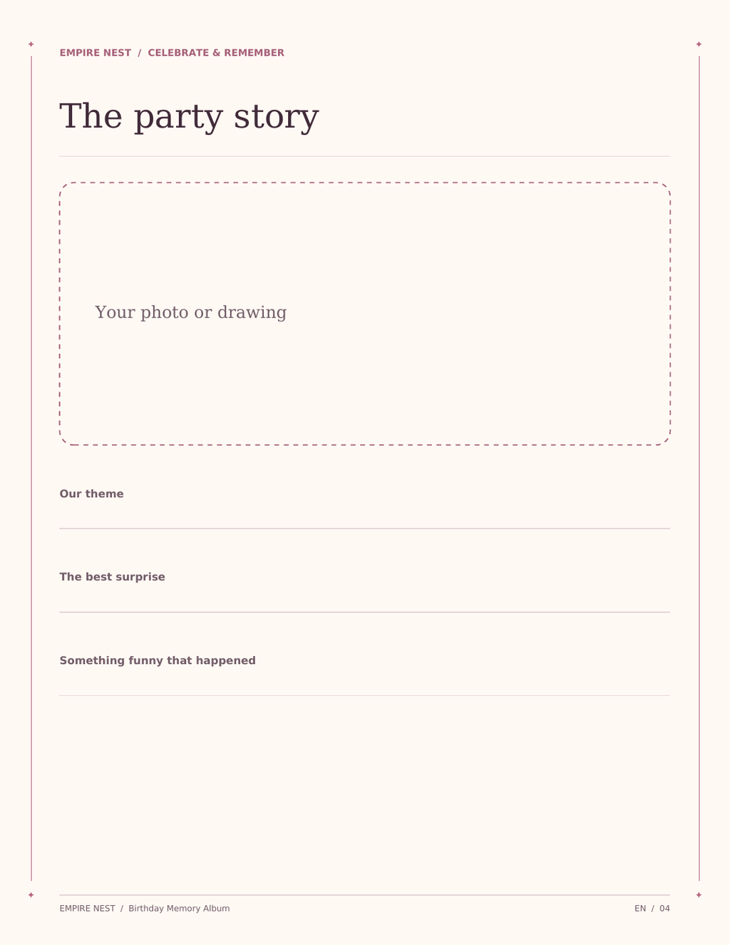Birthday Memory Album: actual interior page from the printable PDF.