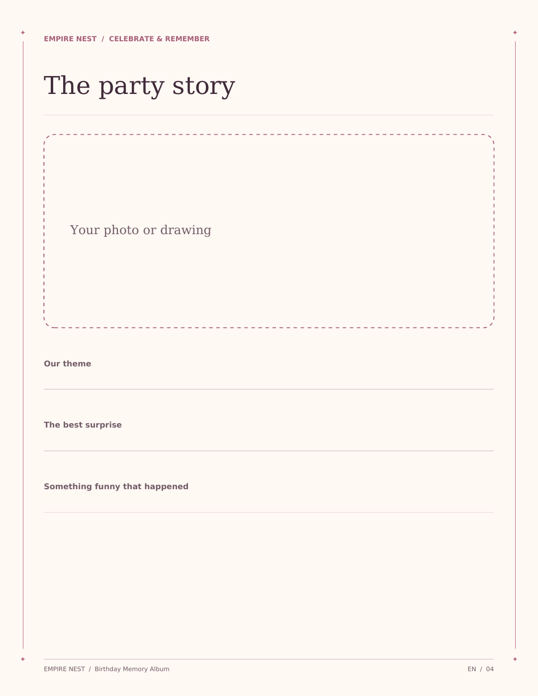 Birthday Memory Album: actual interior page from the printable PDF.