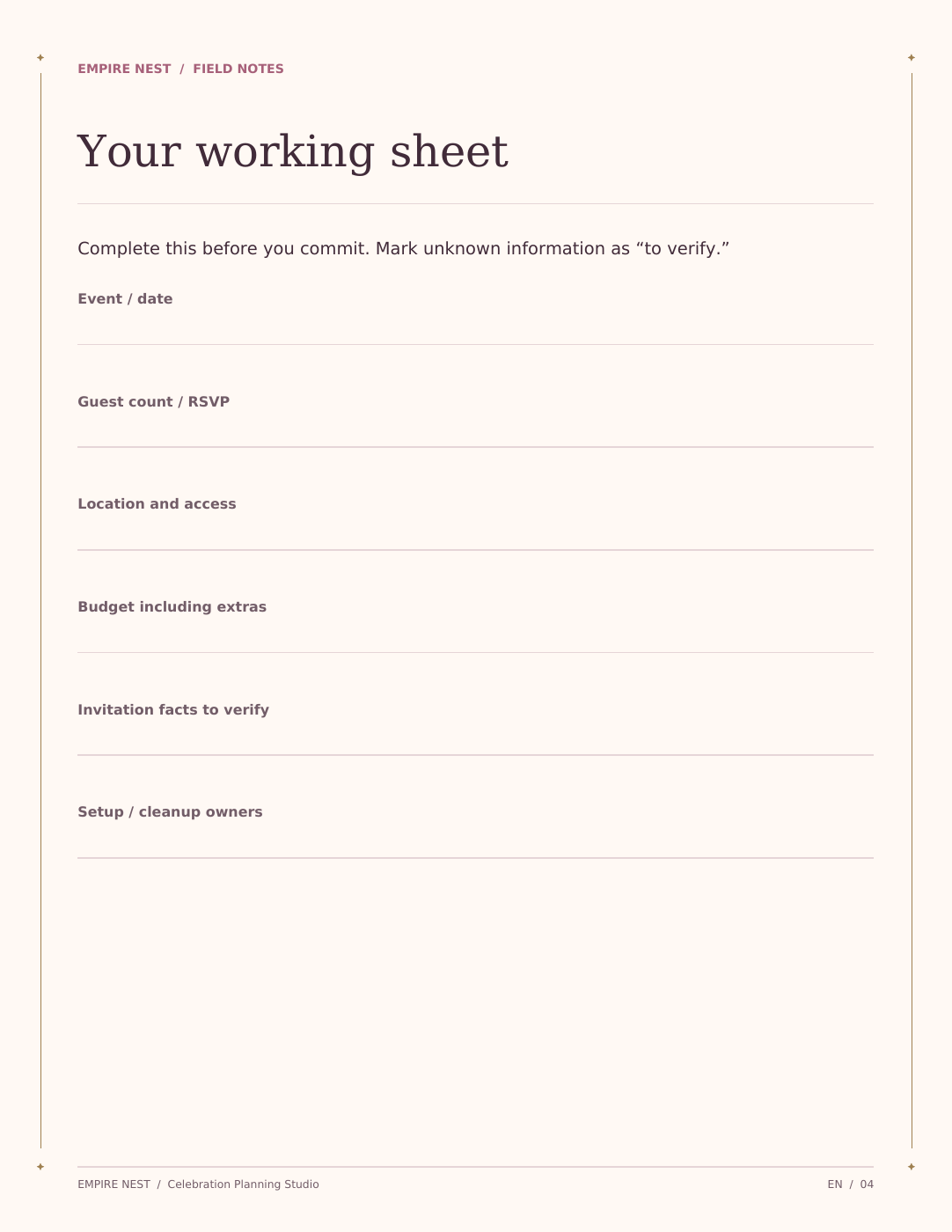 Celebration Planning Studio: actual interior page from the printable PDF.