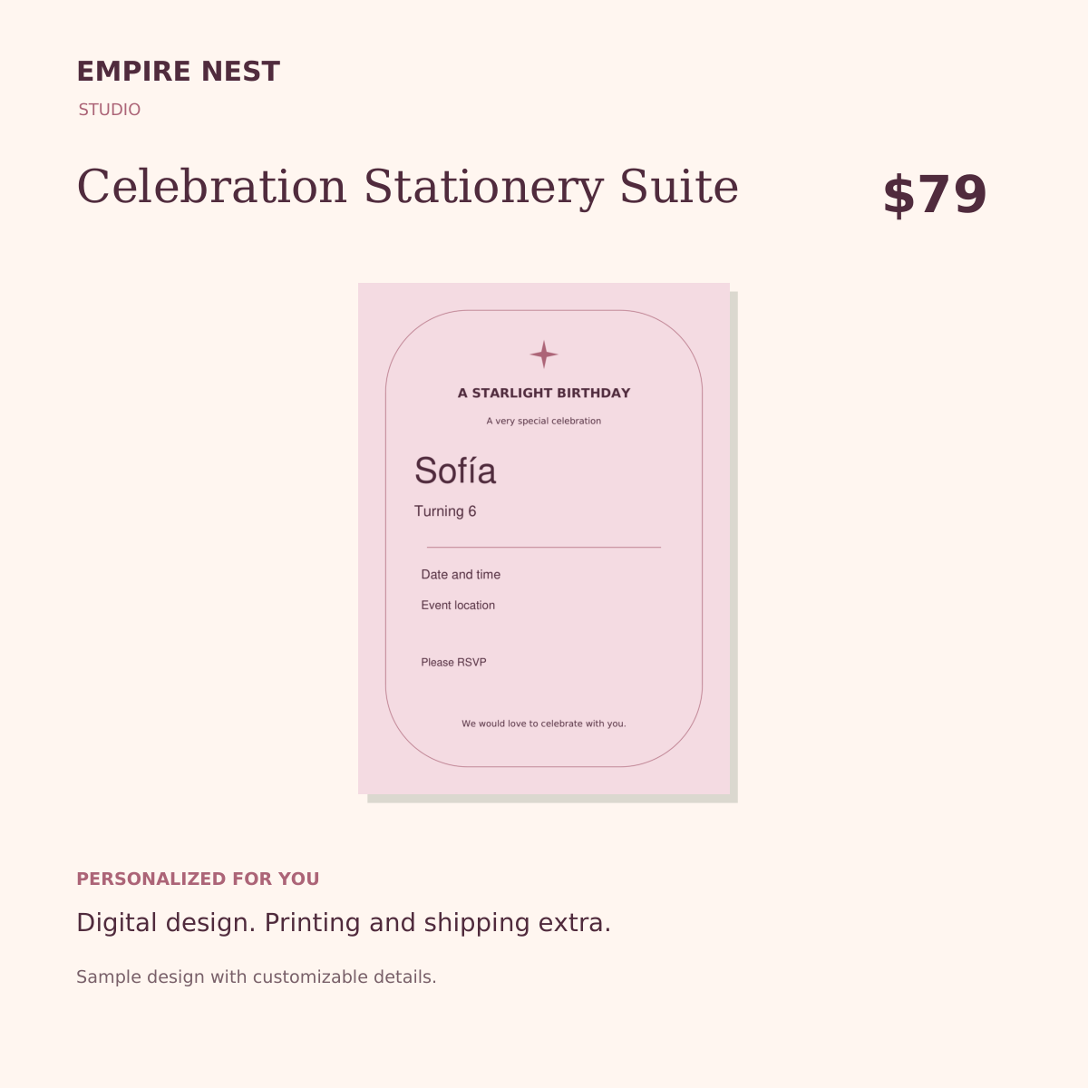 Celebration Stationery Suite: digital design example, printing not included.
