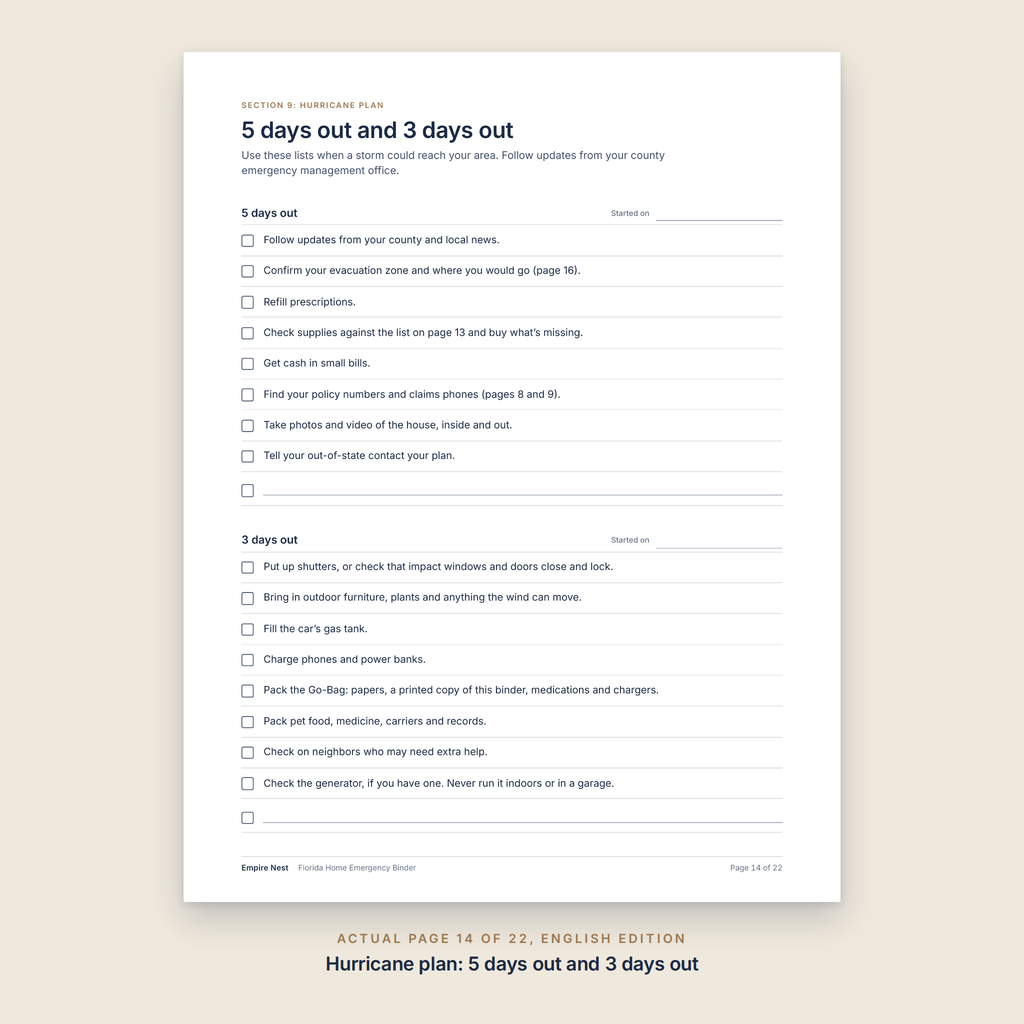 Actual page 14: hurricane plan checklists for 5 days out and 3 days out
