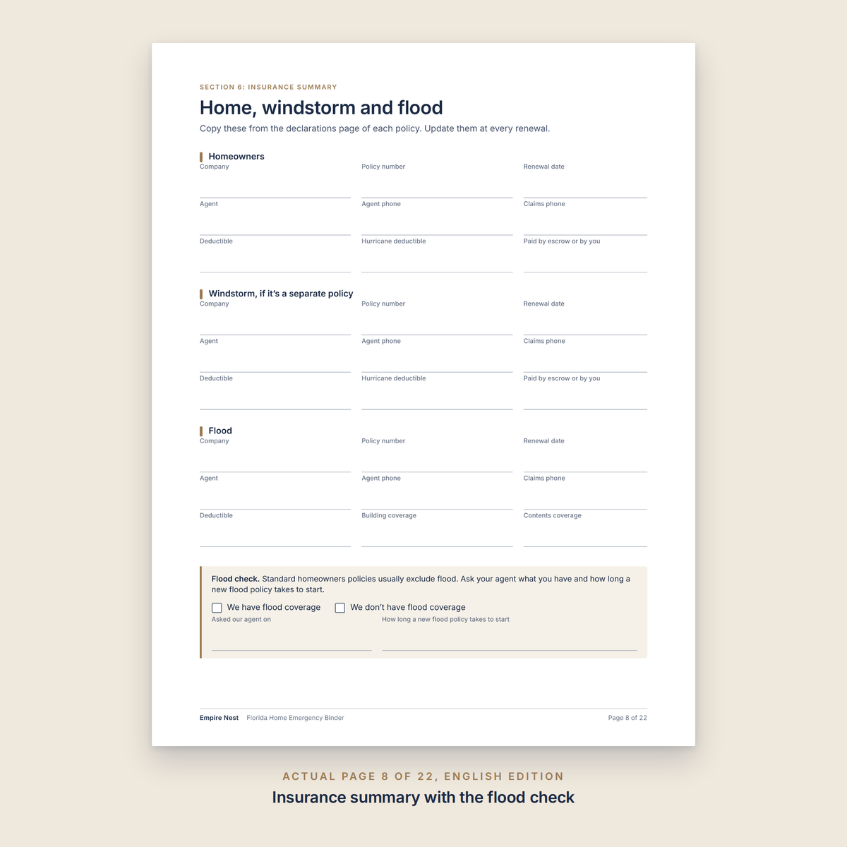 Insurance summary page with the flood check