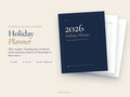 Holiday Planner 2026 by Empire Nest: navy cover in front of the gift list and Thanksgiving pages