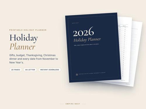 Holiday Planner 2026 by Empire Nest: navy cover in front of the gift list and Thanksgiving pages