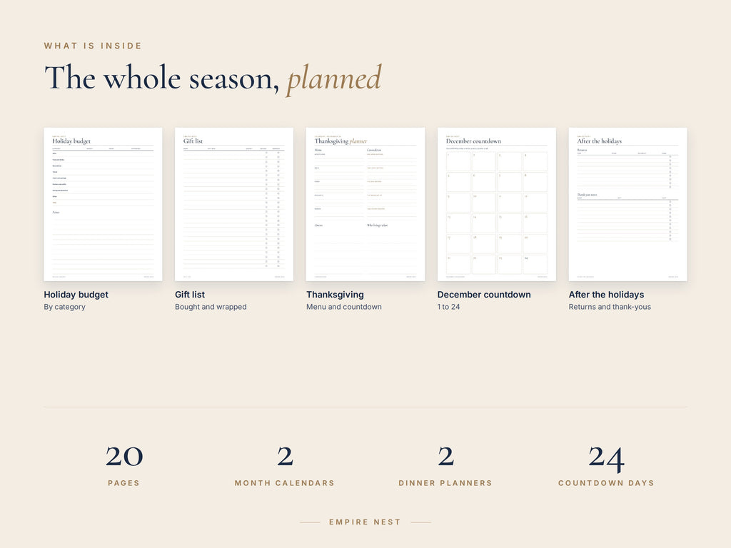 What is inside the Holiday Planner: budget, gift list, Thanksgiving, December countdown and after the holidays