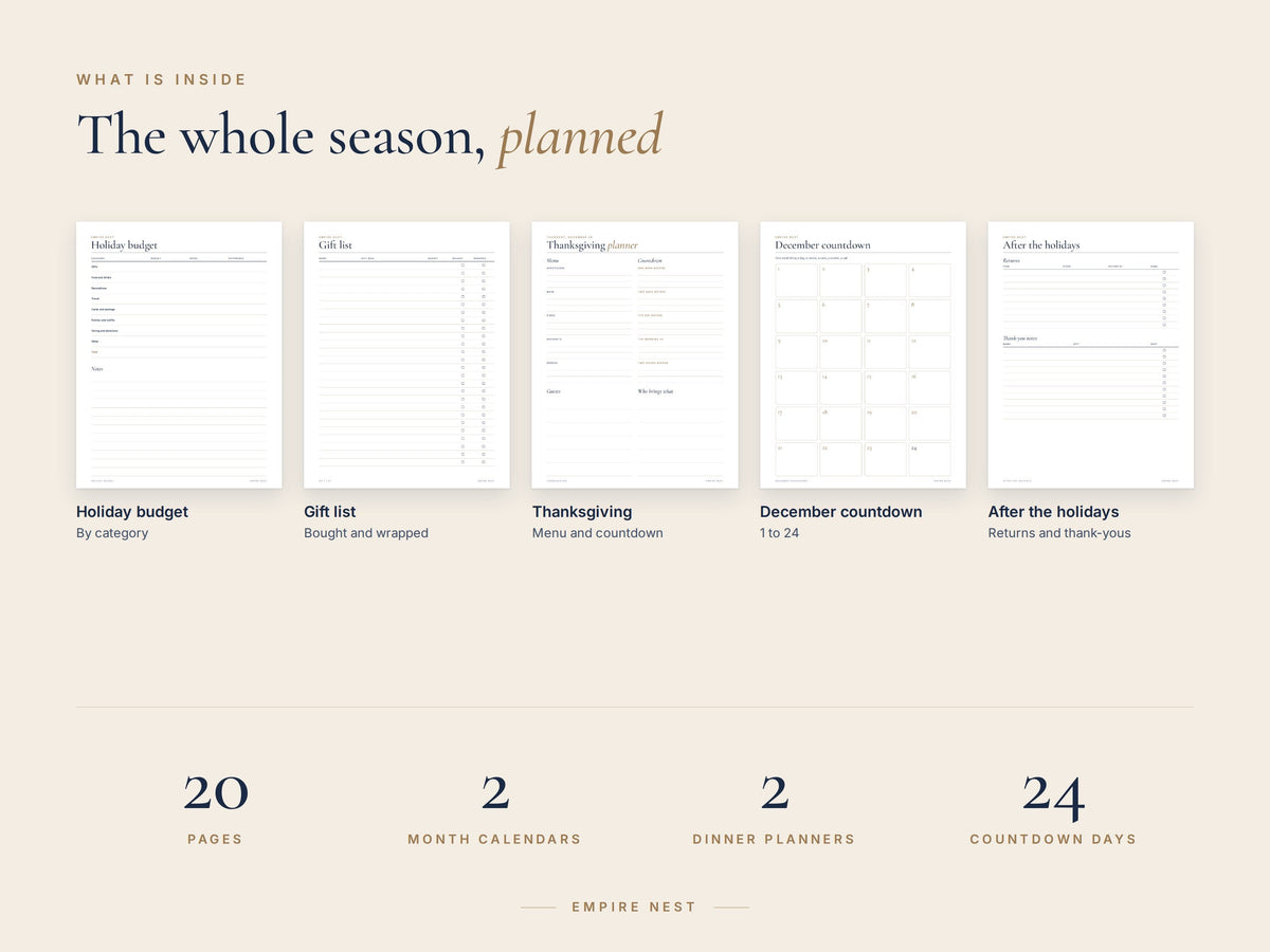 What is inside the Holiday Planner: budget, gift list, Thanksgiving, December countdown and after the holidays