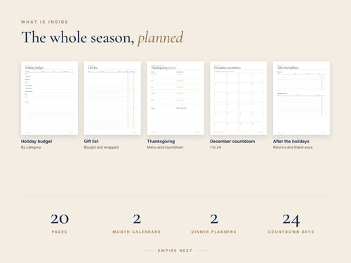 What is inside the Holiday Planner: budget, gift list, Thanksgiving, December countdown and after the holidays