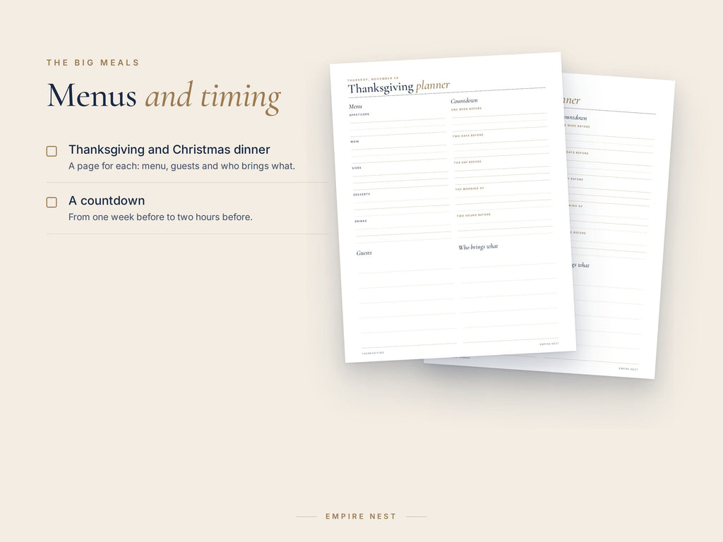 Thanksgiving and Christmas dinner planner pages with menu, countdown, guests and who brings what