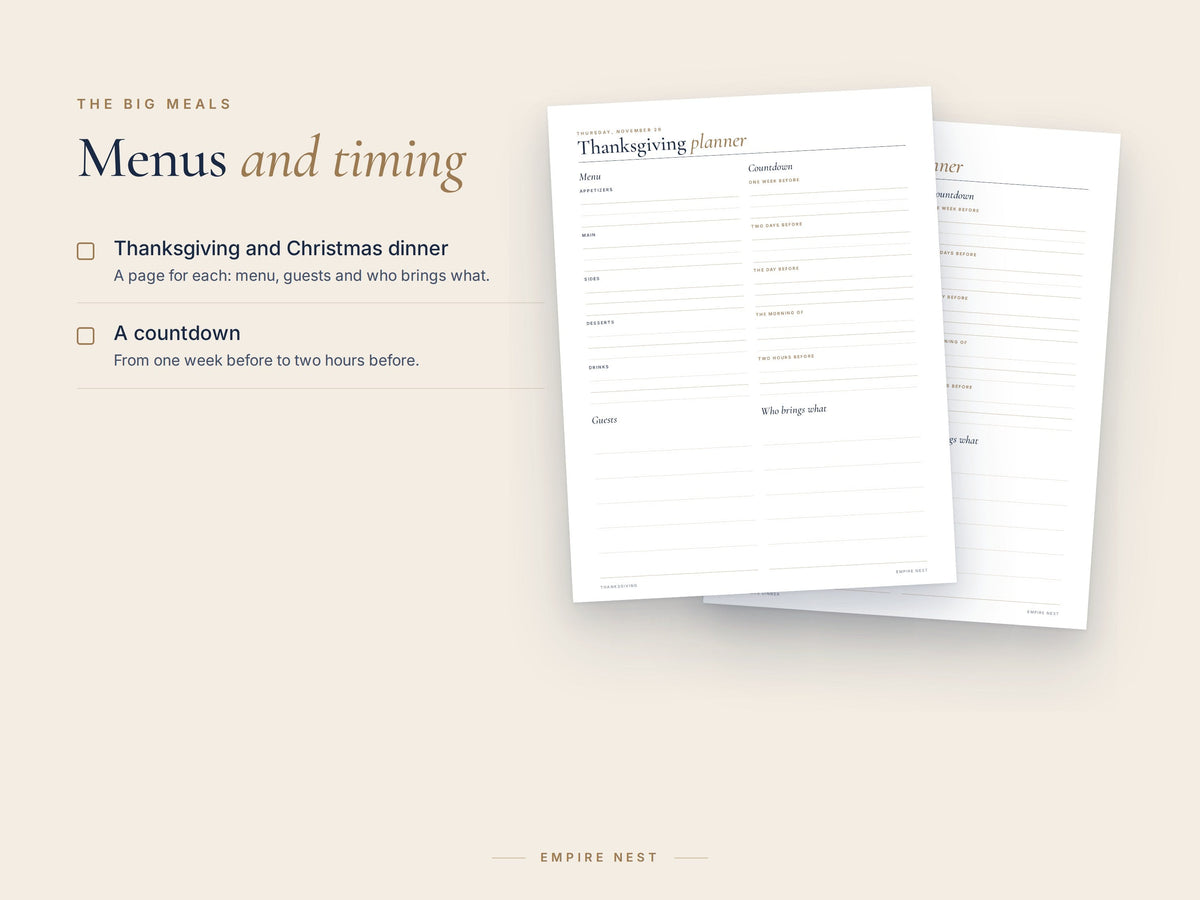 Thanksgiving and Christmas dinner planner pages with menu, countdown, guests and who brings what