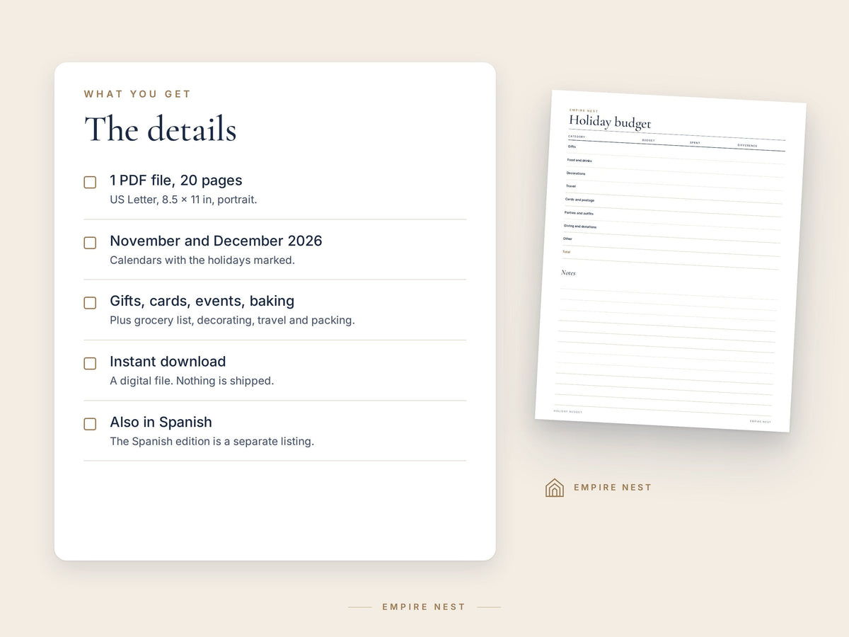 Details of the Holiday Planner: 1 PDF file, 20 pages, US Letter, instant download