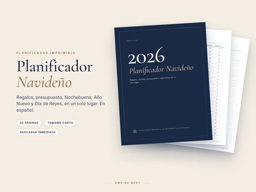Planificador Navideño 2026 de Empire Nest: portada azul marino delante de la lista de regalos y la cena de Nochebuena