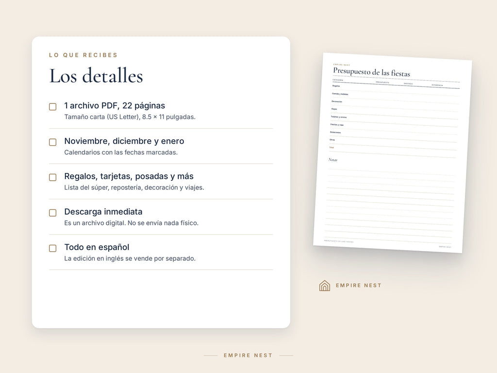Detalles del Planificador Navideño: 1 archivo PDF, 22 páginas, tamaño carta, descarga inmediata