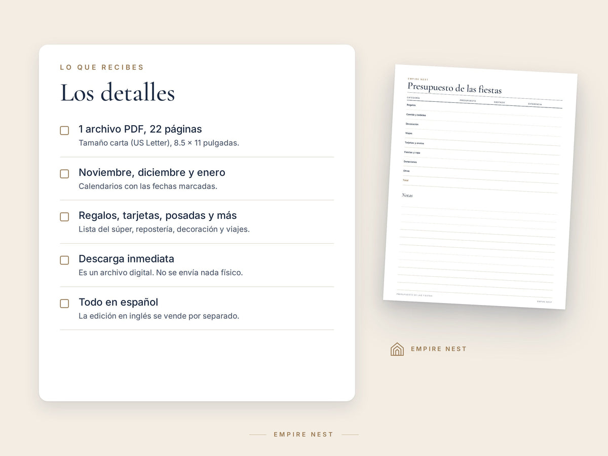 Detalles del Planificador Navideño: 1 archivo PDF, 22 páginas, tamaño carta, descarga inmediata