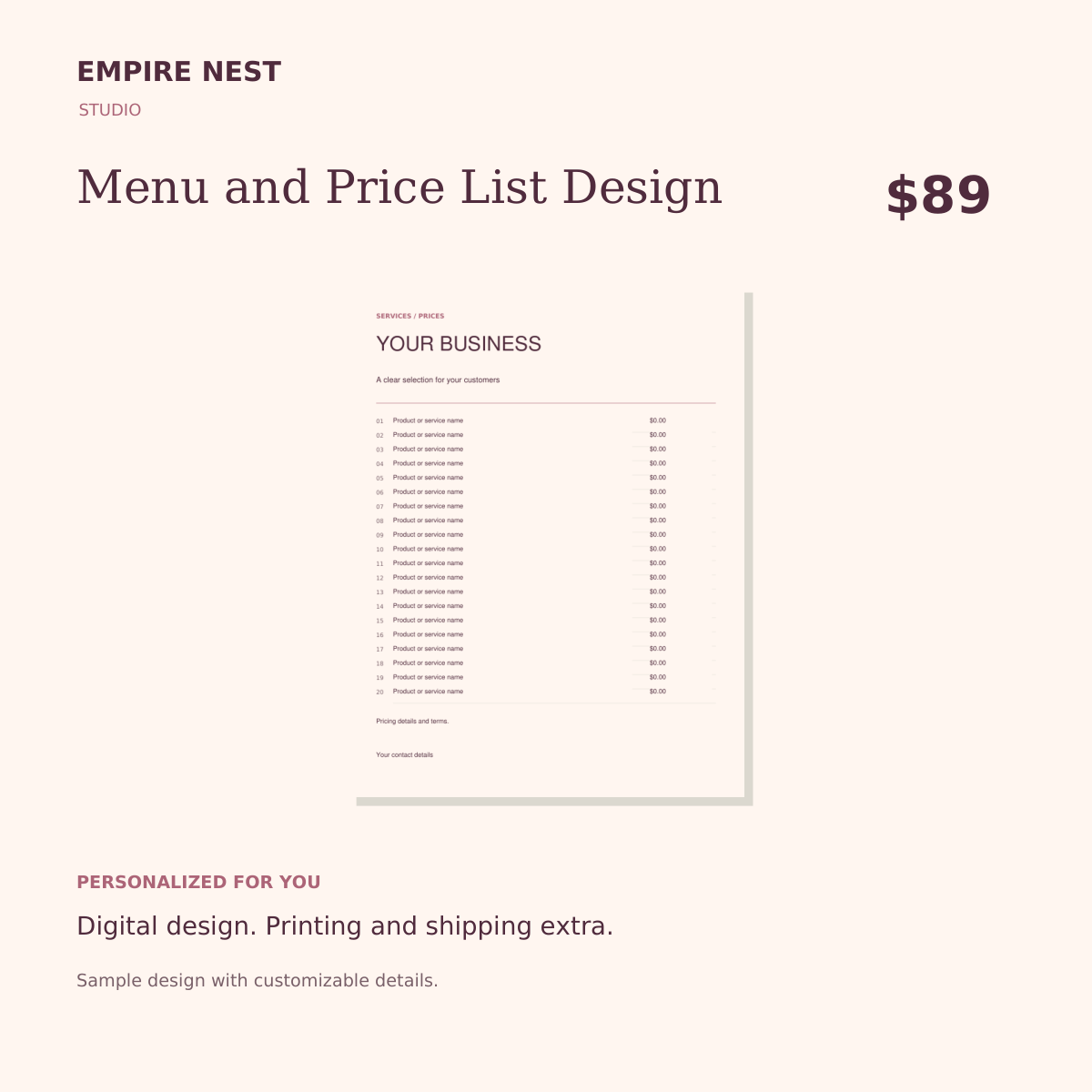 Menu and Price List Design. Sample custom digital design. Printing and shipping are separate.