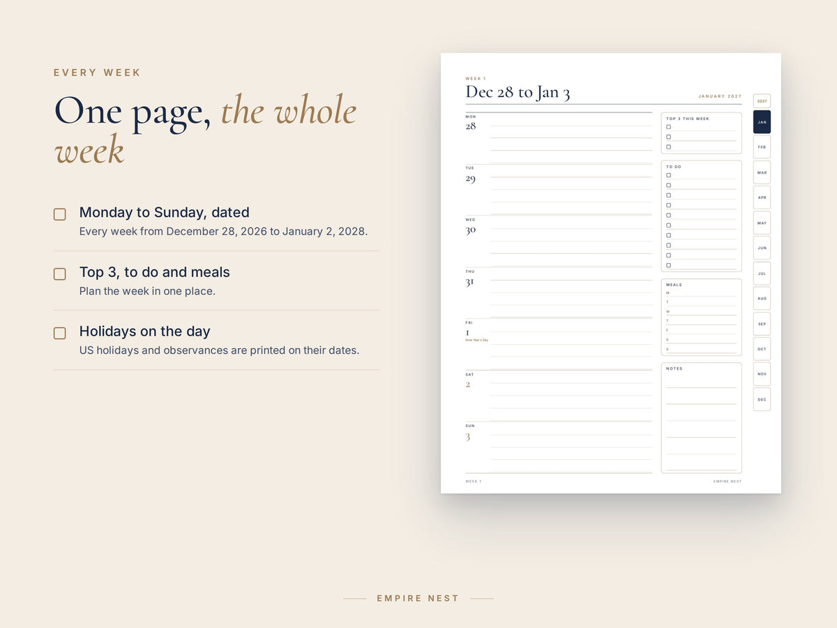 A dated weekly page of the 2027 Planner, Monday to Sunday, with top 3, to do and meals