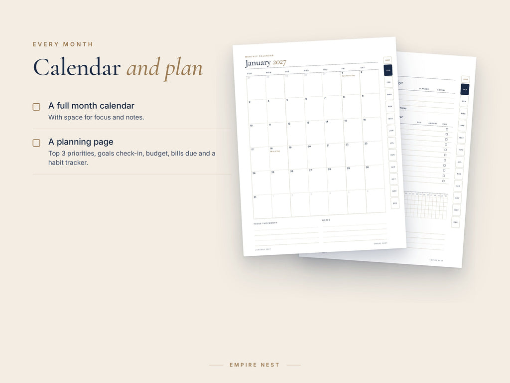 January calendar and January plan pages of the 2027 Planner