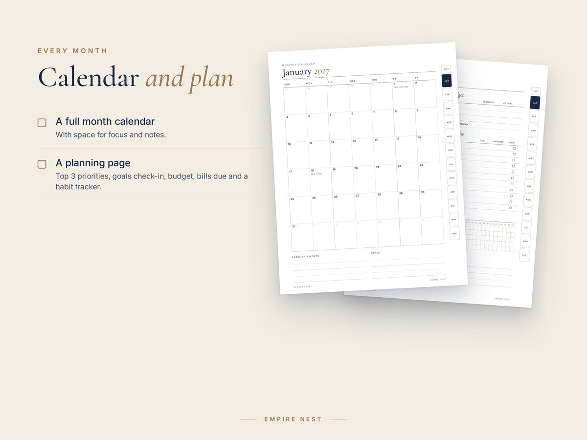 January calendar and January plan pages of the 2027 Planner