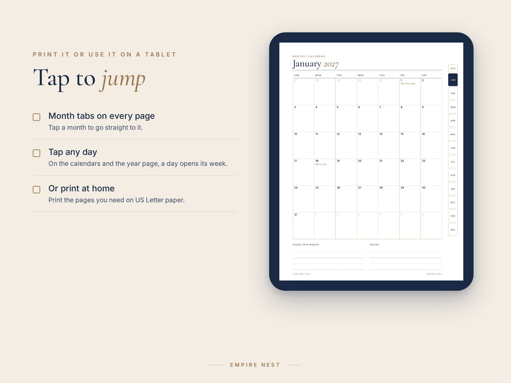 The 2027 Planner calendar page on a tablet, with month tabs on the right