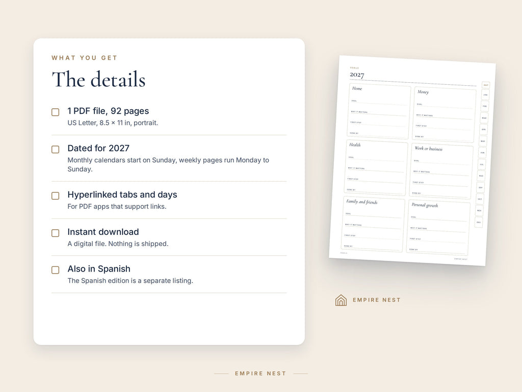 Details of the 2027 Planner: 1 PDF file, 92 pages, US Letter, hyperlinked, instant download