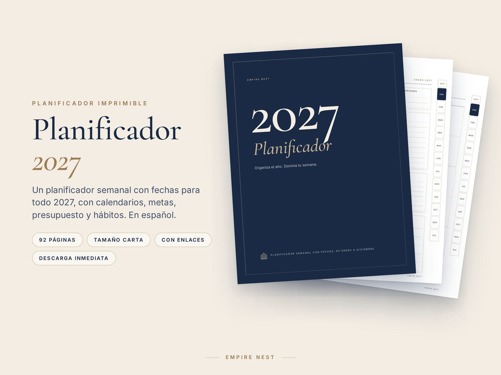Planificador 2027 de Empire Nest: portada azul marino delante de una página semanal y un calendario
